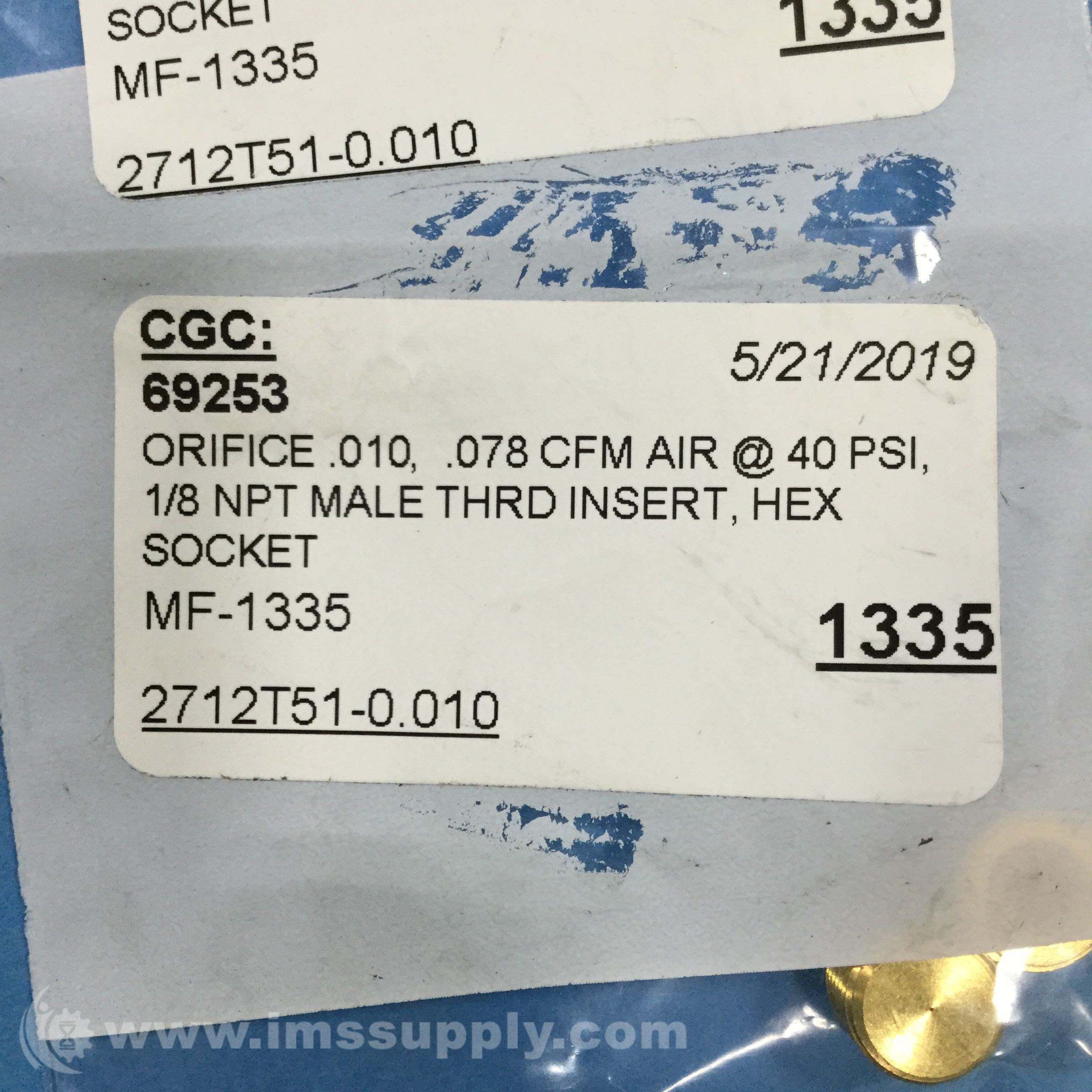 MF-1335 1/8 NPT Male Thread Insert, Hex Socket, Orifice .010 - IMS